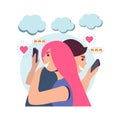 Young guy and girl emotions correspond on the phone Royalty Free Stock Photo